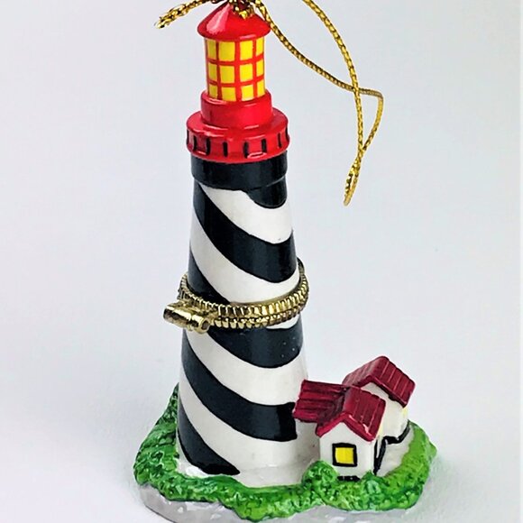 Black White Red Lighthouse Porcelain Hinged Trinket Box Christmas Ornament - Picture 4 of 4